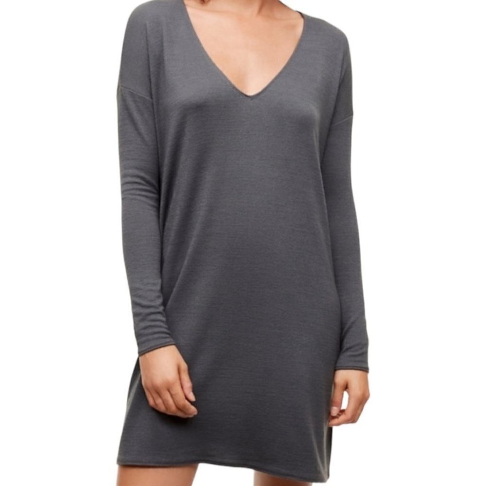 Wilfred Free Gail Mini Dress Long Sleeve V-Neck Pullover Chalet Gray Medium
